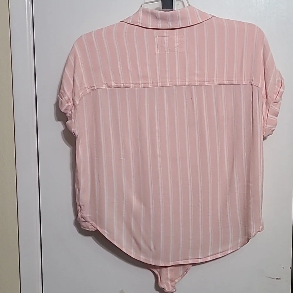 JUSTICE Girls Pink White‎ Striped Button Up Tie at Waist Blouse - Size 12